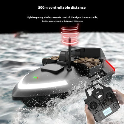 GPS remote control fishing boat with LED lights, measuring 49cm long, for bait placement and night fishing
