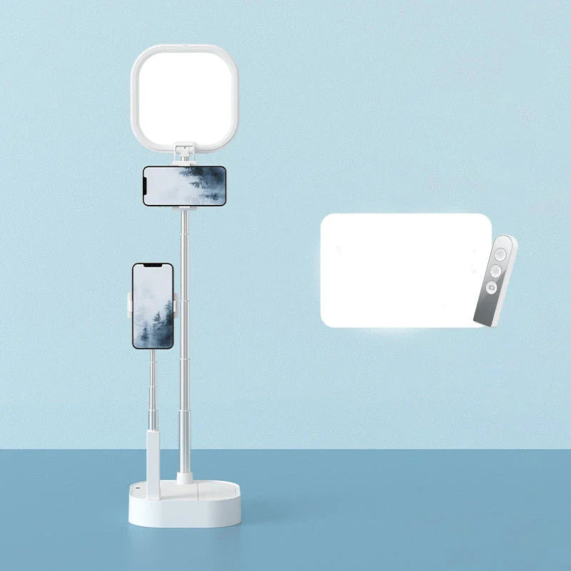 Versatile mobile phone broadcast stand with adjustable height, 360-degree rotation, and dimmable LED fill light for content creation