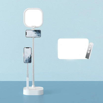 Versatile mobile phone broadcast stand with adjustable height, 360-degree rotation, and dimmable LED fill light for content creation