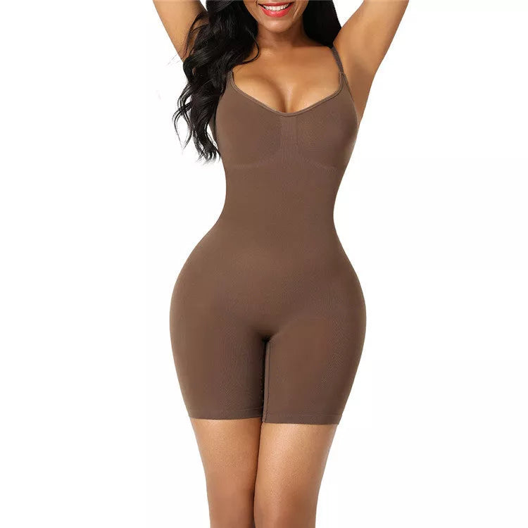 Body-shaping corset in black, skin color, or brown with belly contracting and chest support features