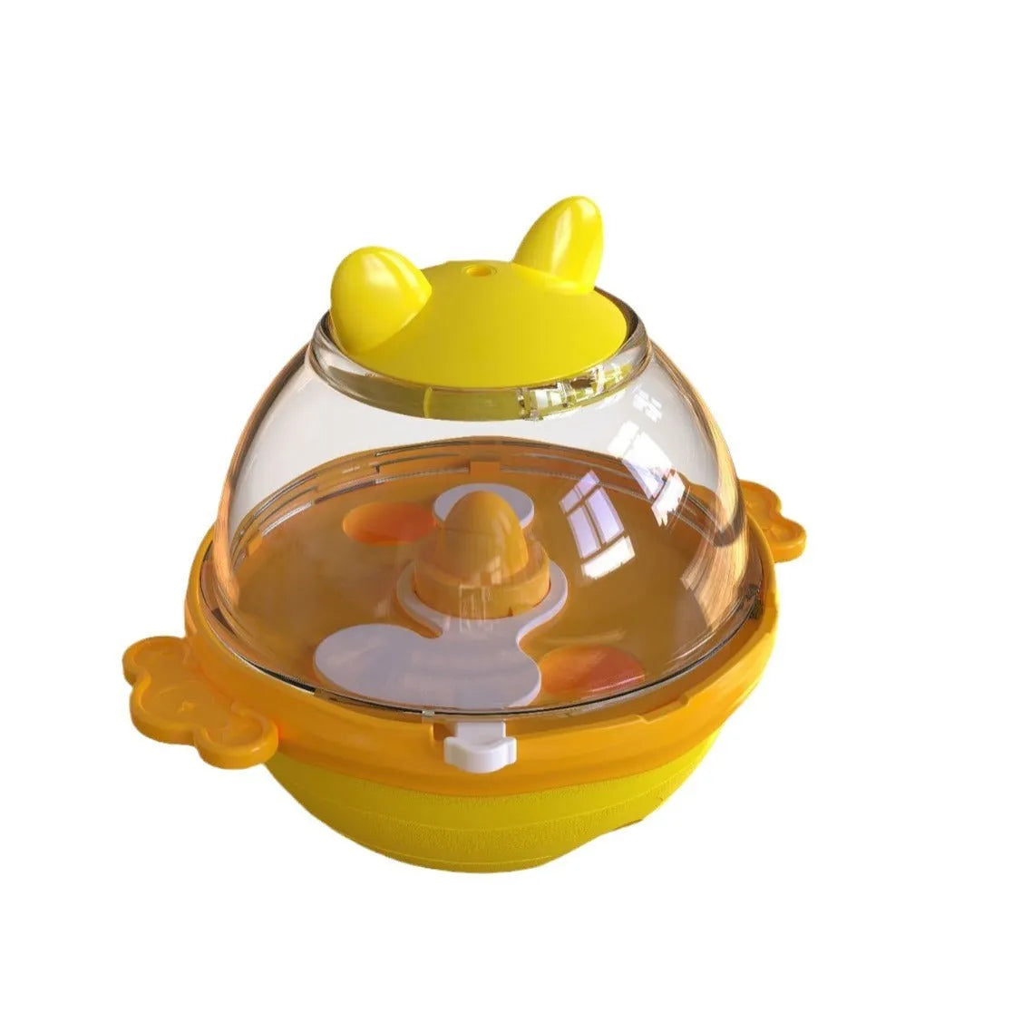 Yellow TPR dog leakage feeder puzzle toy for slow feeding, shown next to lake blue version.