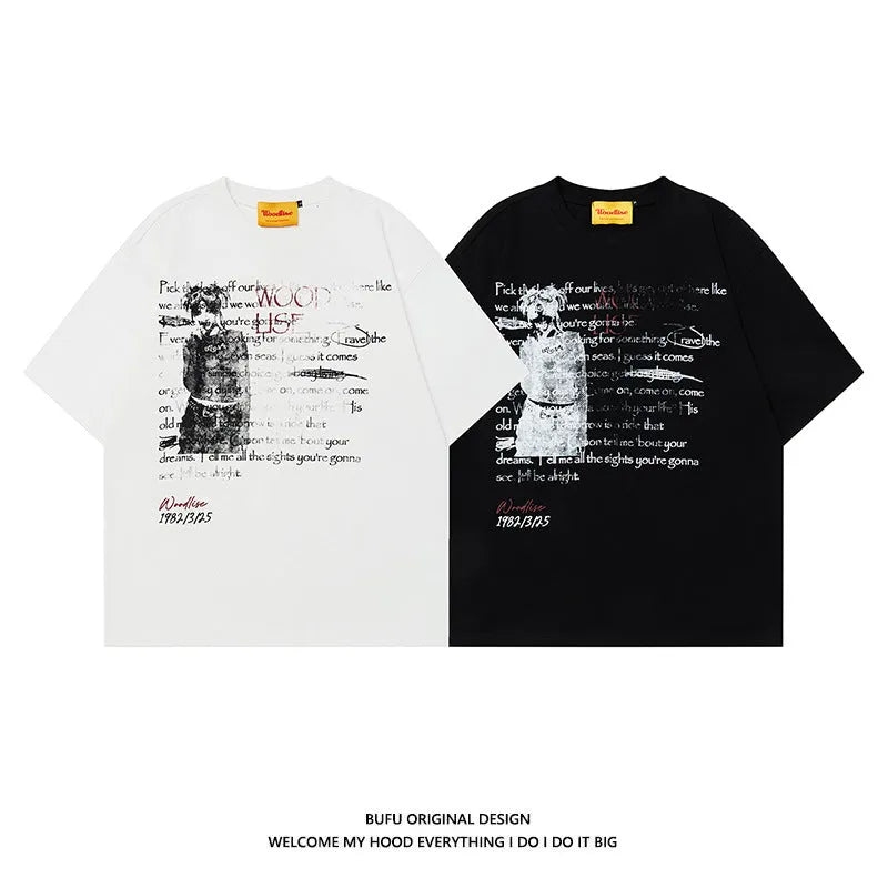 Men's T-shirt, short sleeve pure cotton hip hop high street retro loose fit pullover with raglan sleeve design in black or white, suitable for leisure wear in spring and autumn seasons, featuring letter print pattern, available in sizes M, L, and XL