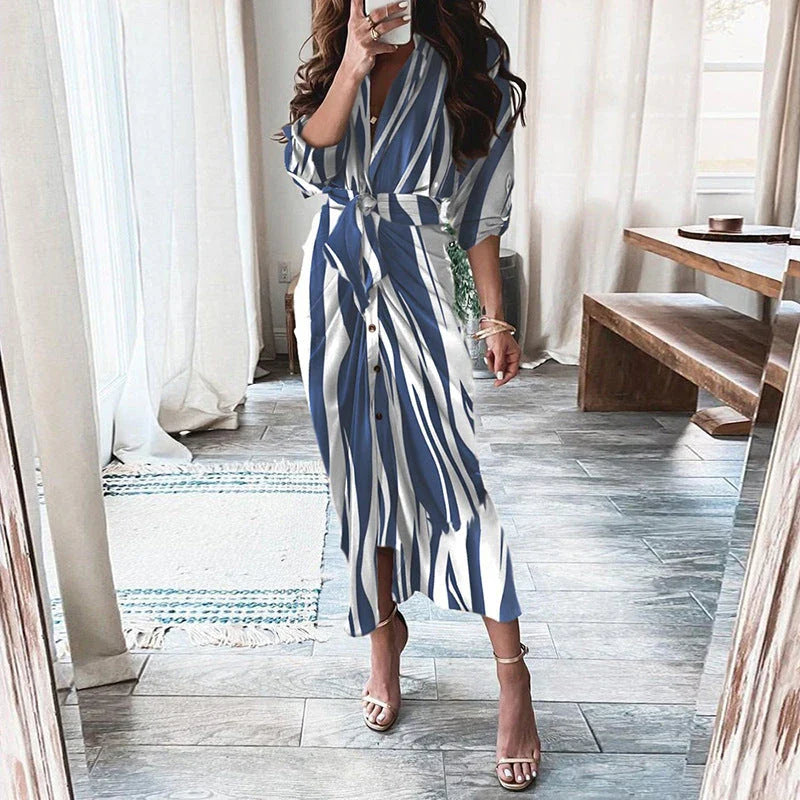 Elegant Floral Print Lace-Up Maxi Dress with Deep V-Neck, Long Sleeves, and Flattering Silhouette