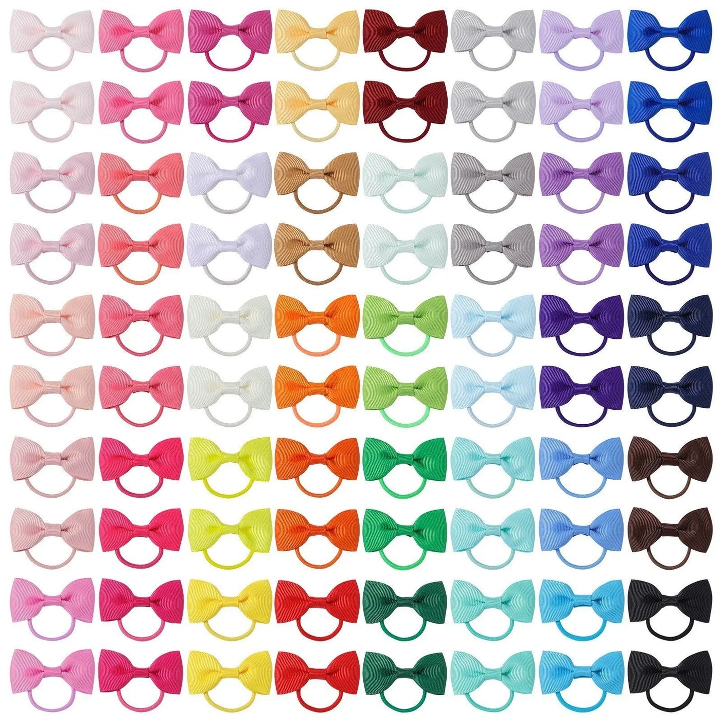 Multi-coloured assortment of 80 baby hair ties with grosgrain ribbon bows for infants and toddlers.