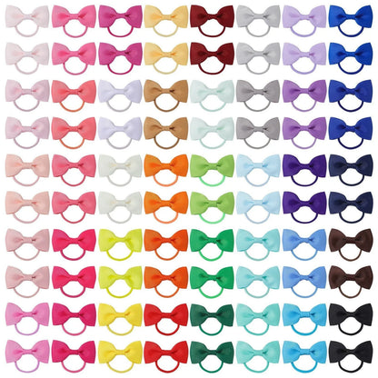 Multi-coloured assortment of 80 baby hair ties with grosgrain ribbon bows for infants and toddlers.