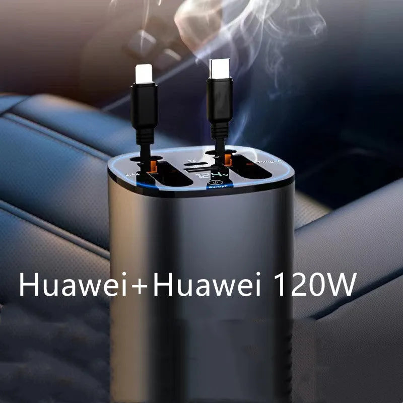 Automatic retractable vehicle charger with four USB ports and cigarette lighter plug showing extended cable