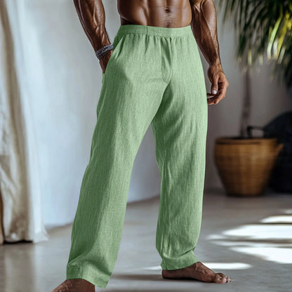 Straight-leg casual trousers in a cotton linen blend fabric shown in a solid colour.