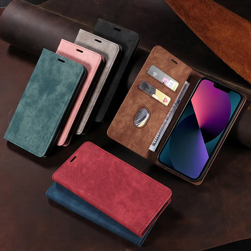 Magnetic flip phone case cover in seven colours for iPhone models with TPU and leather construction