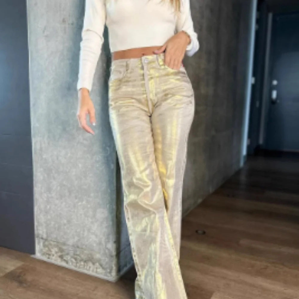 Bronzing design straight-leg cotton jeans in gold colour with straight cut for spring summer wear