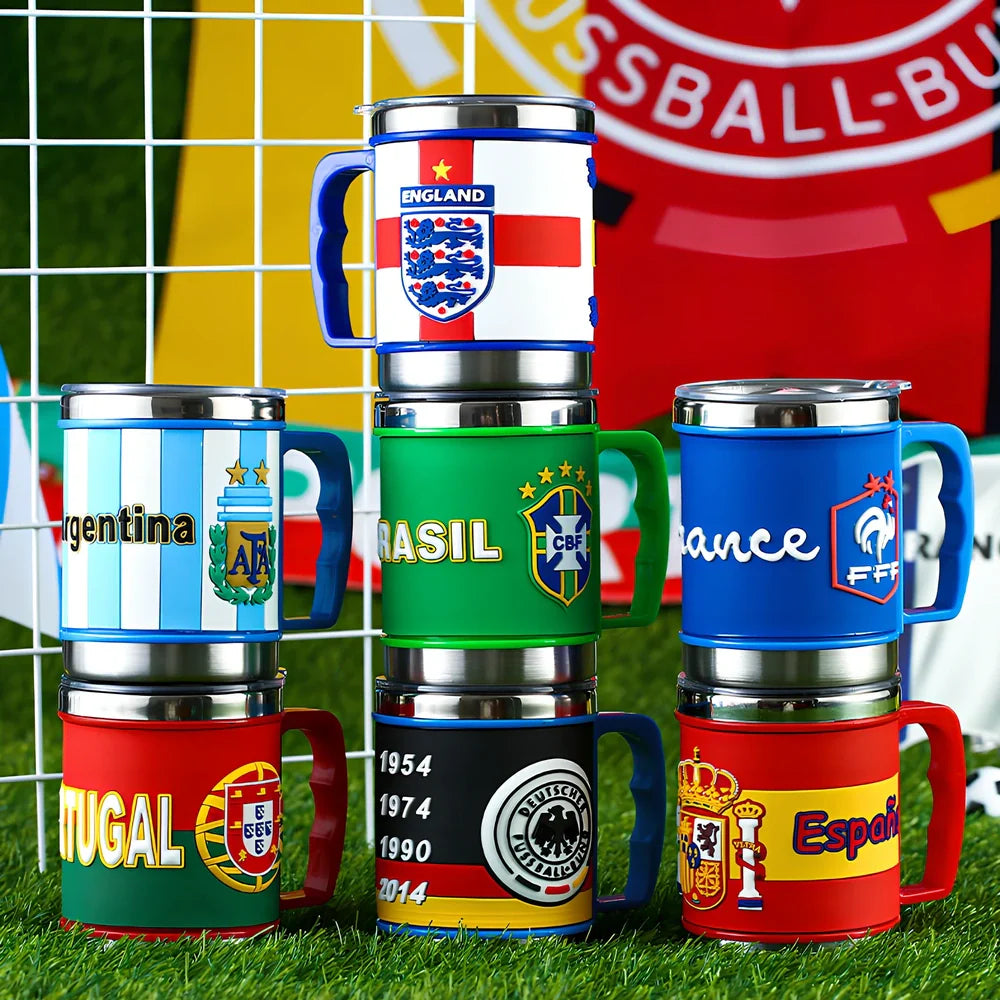 World Cup football mug in team colours with 7.6cm diameter and rubber-metal construction
