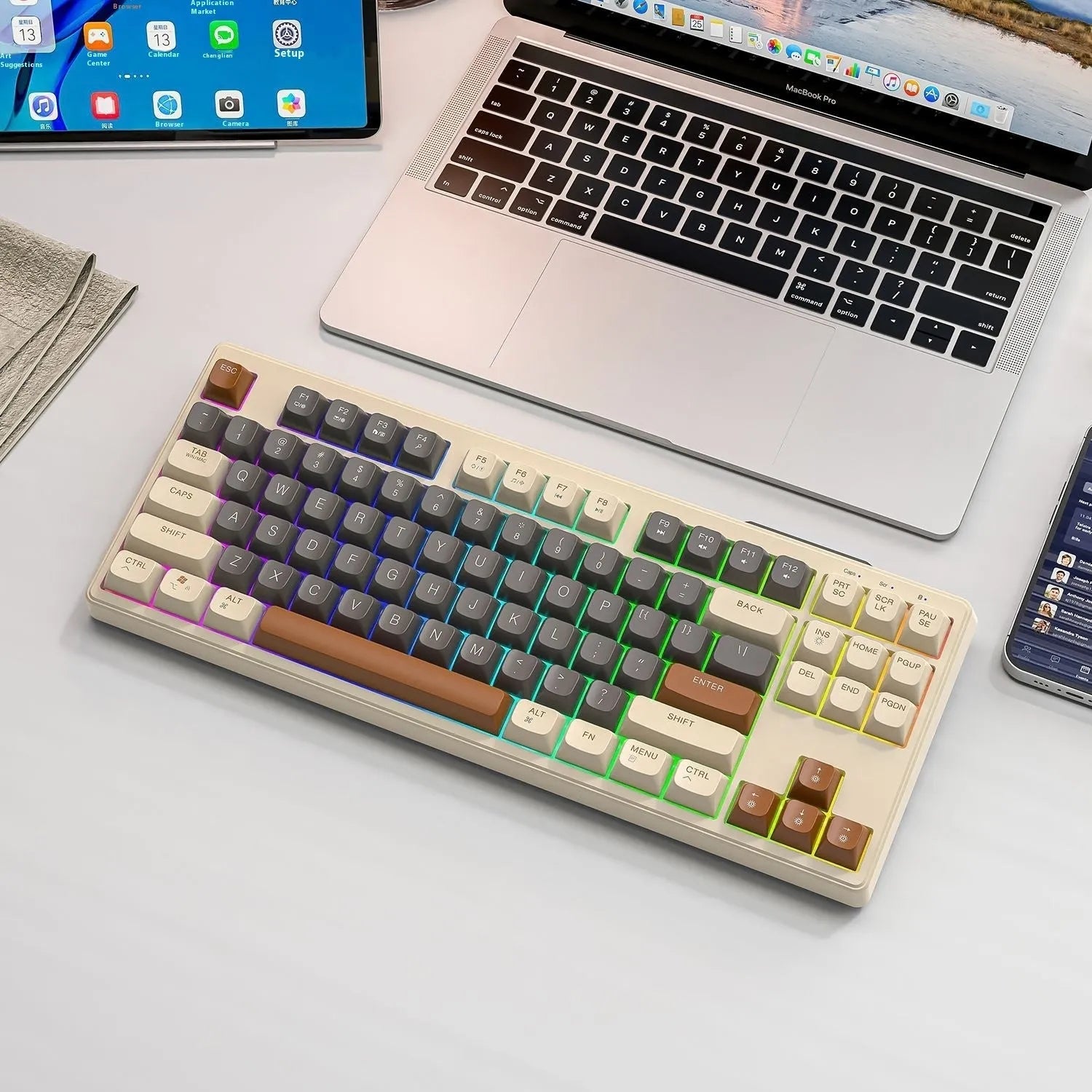 Wolf M87 wireless Bluetooth dual-mode mechanical feeling keyboard in blueberry colour on a desk