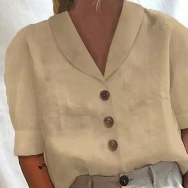 Women's V-neck casual button blouse with 3D effect pattern in various colors