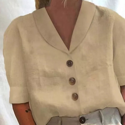 Women's V-neck casual button blouse with 3D effect pattern in various colors