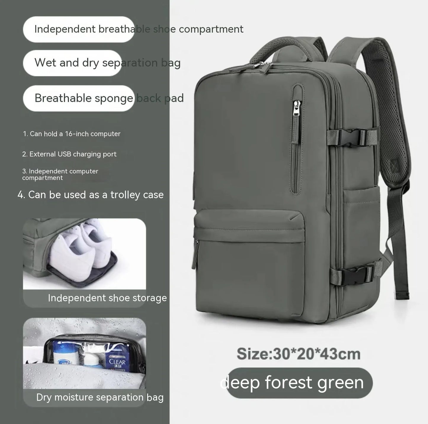 Large capacity waterproof mummy backpack in mint green colour with nylon material and 30-litre storage