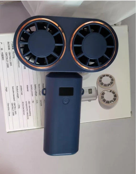 Portable USB rechargeable handheld fan with folding design, dual air outlets, and digital display for monitoring speed and battery life