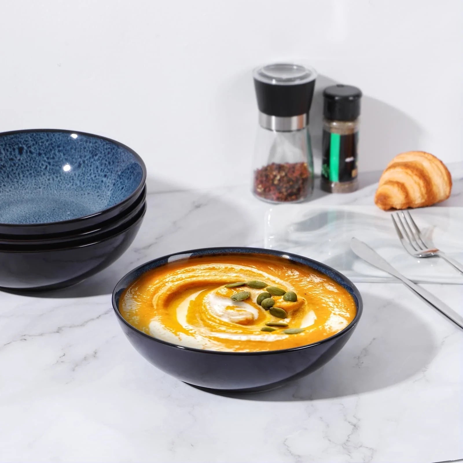Peacock Blue Ceramic Bowls - Set of 4 for Serving Soups, Salads, Desserts, and More