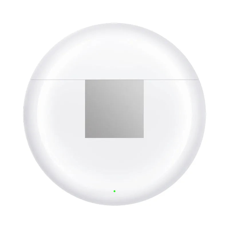 White Wireless Budz5 semi-in-ear Bluetooth headset with charging compartment, showing V5.1 technology and 24-hour battery life