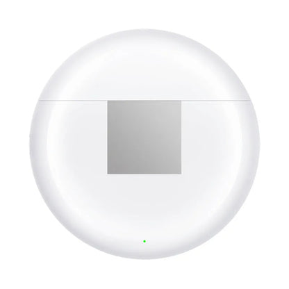 White Wireless Budz5 semi-in-ear Bluetooth headset with charging compartment, showing V5.1 technology and 24-hour battery life