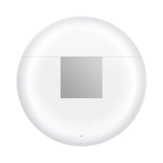 White Wireless Budz5 semi-in-ear Bluetooth headset with charging compartment, showing V5.1 technology and 24-hour battery life