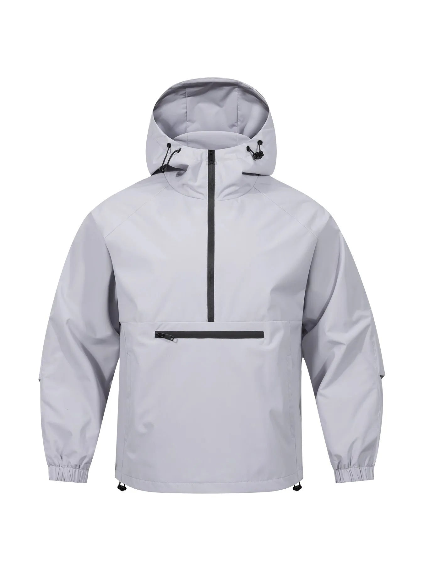 Man wearing a light grey loose-fit half-zip hooded corduroy jacket with rabbit fur.