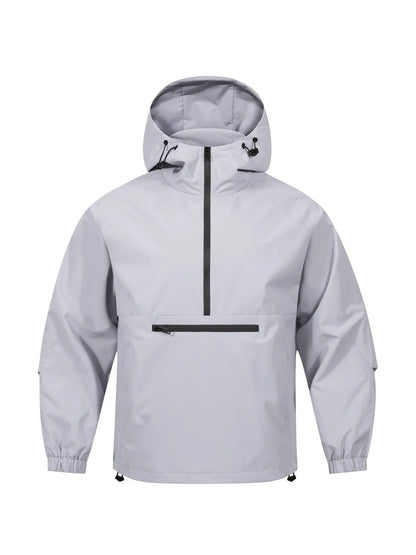 Man wearing a light grey loose-fit half-zip hooded corduroy jacket with rabbit fur.