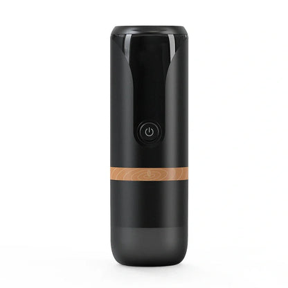 Portable coffee maker with 75mm diameter, dual brewing modes for powder and capsules, showing 9-bar pressure extraction system