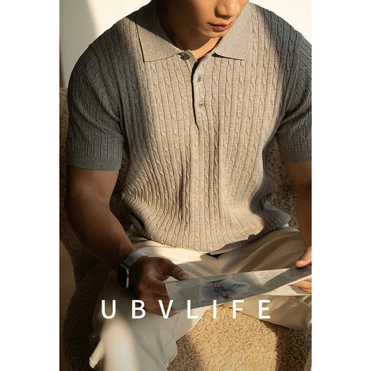 Man wearing a khaki short-sleeve top, with size chart showing M(170/92A) to 2XL(185/104A) and fabric label: 54% polyester, 20% nylon, 20% acrylic, 6% wool.