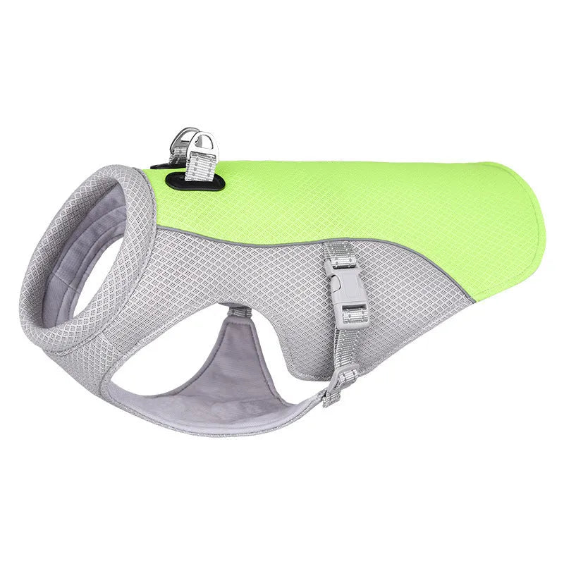 Orange polyester dog cooling vest showing layered construction and adjustable fit on a medium-sized dog.