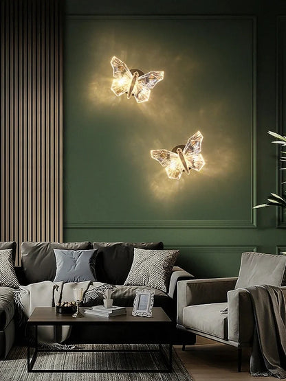 Butterfly-shaped crystal wall lamp with aluminium frame and multi-colour LED lighting for bedroom decoration