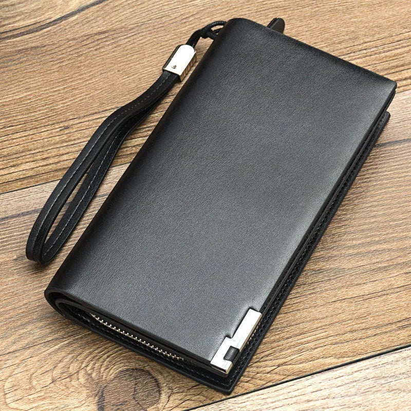 Men's black PU leather zipper wallet open to show seven card slots and a zippered coin compartment.