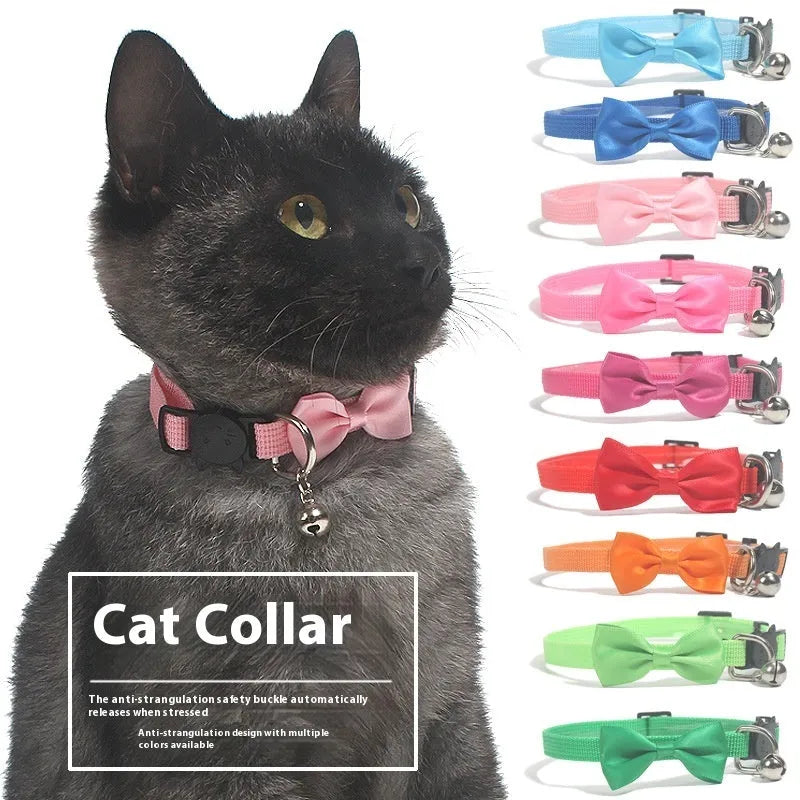 Cat bow collar made from striped nylon ribbon in nine adjustable colours including grass green and cherry blossom powder with decorative bell pet accessory