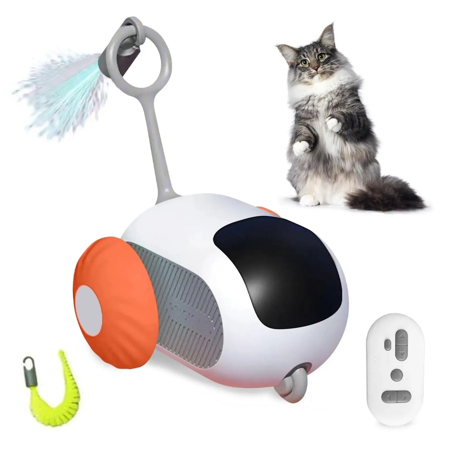 Blue remote-controlled smart cat toy car with feather teaser attachment on hard floor