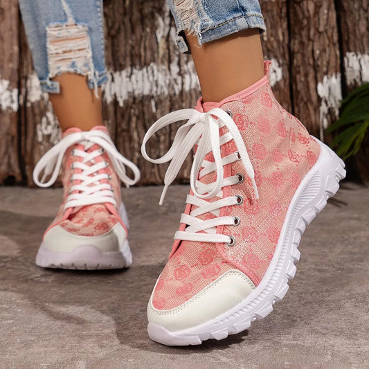 Women's rose-printed lace-up boots in black, pink, and khaki with non-slip sole