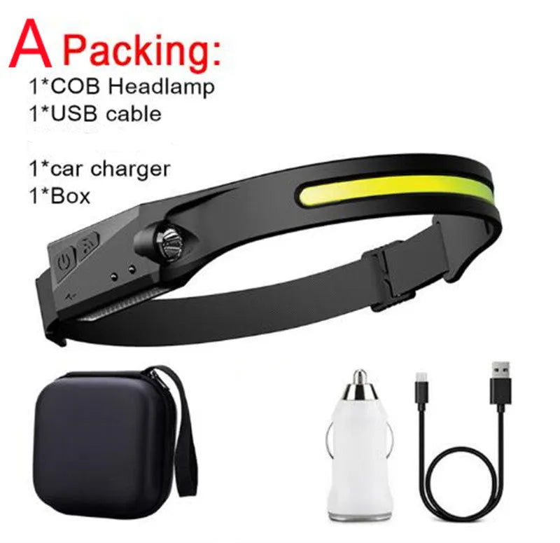Black silicone USB rechargeable headlamp with a wide COB LED lens and a side wave sensor.