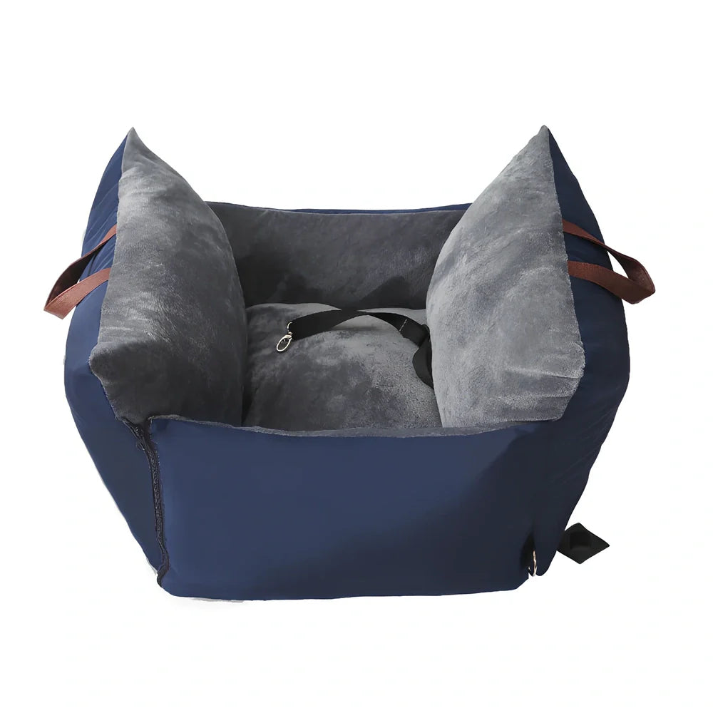 Navy blue waterproof pet bed mat on car seat with 60x60x35cm dimensions and raised edges