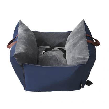 Navy blue waterproof pet bed mat on car seat with 60x60x35cm dimensions and raised edges