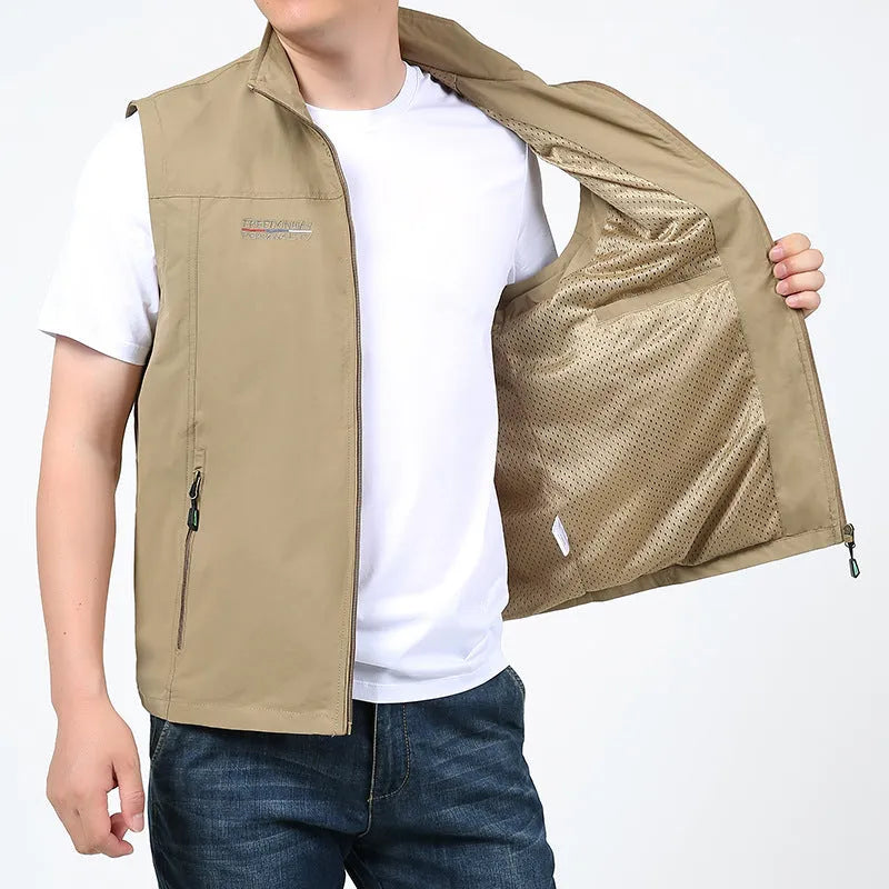 Striped waterproof hooded vest with multiple patch pockets on a mannequin.