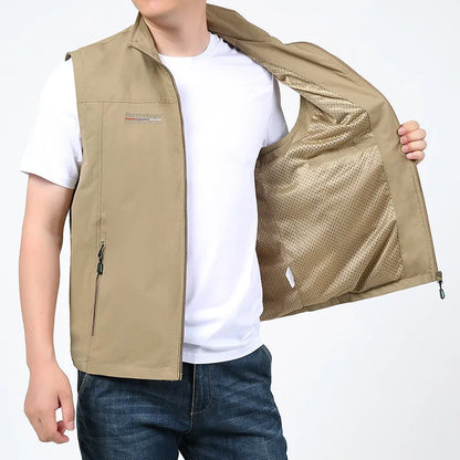 Striped waterproof hooded vest with multiple patch pockets on a mannequin.