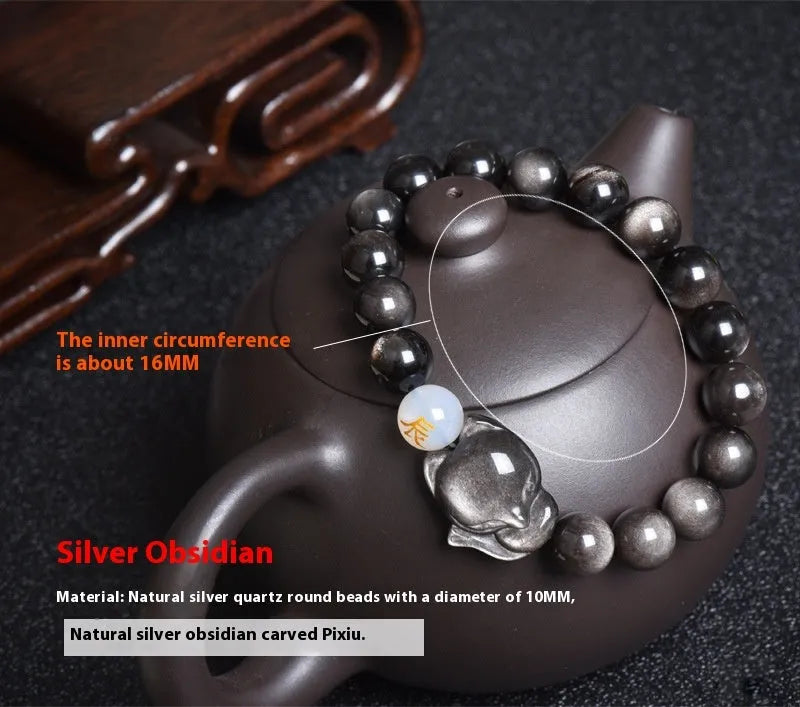 Natural obsidian beaded bracelet with 10mm stones in gold, silver, or black style.