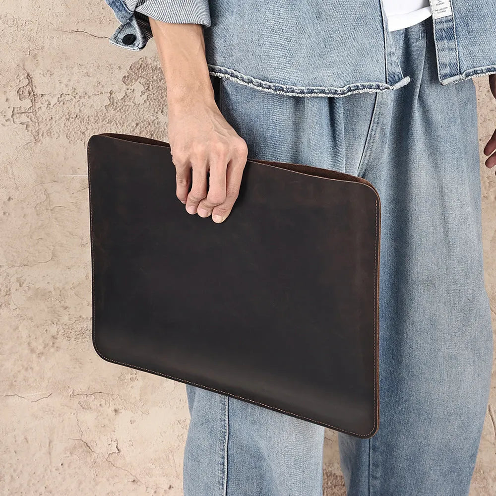 Brown genuine first-layer cowhide leather horizontal laptop organiser bag with structured compartments