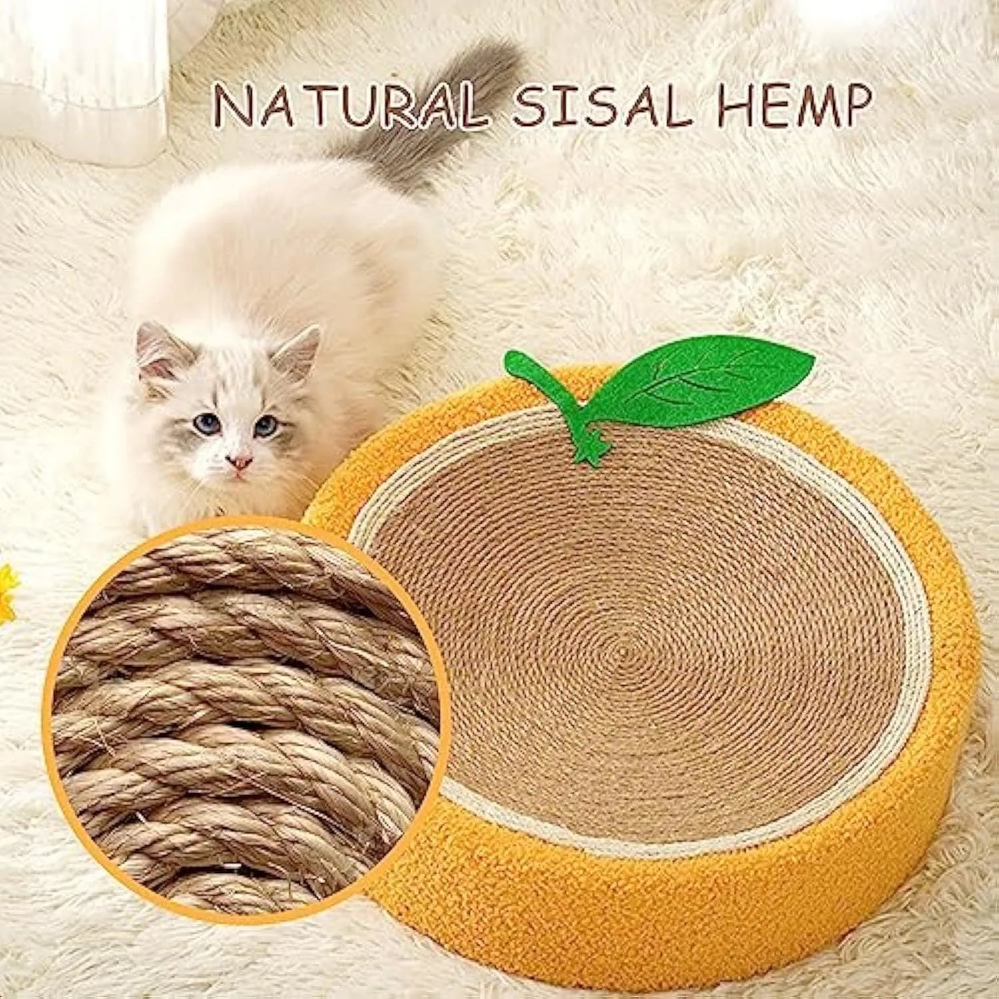 Round yellow cat scratching board with sisal surface measuring 390mm diameter, concave centre for cat sleeping
