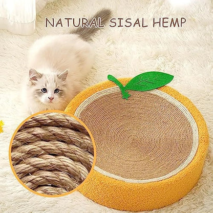 Round yellow cat scratching board with sisal surface measuring 390mm diameter, concave centre for cat sleeping