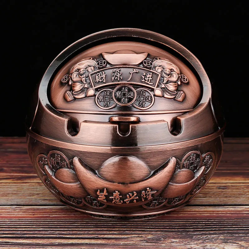 Alloy ashtray with smoke extinguishing slot in bronze finish, featuring Dragon and Phoenix motif, S size