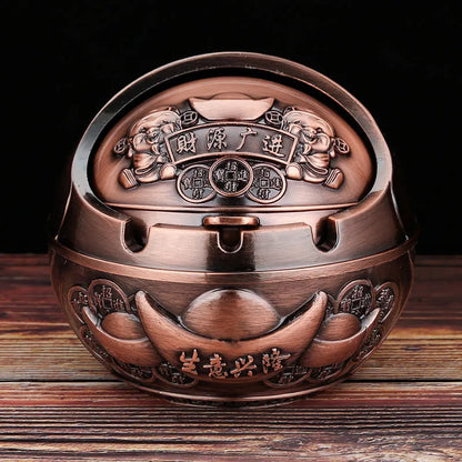 Alloy ashtray with smoke extinguishing slot in bronze finish, featuring Dragon and Phoenix motif, S size
