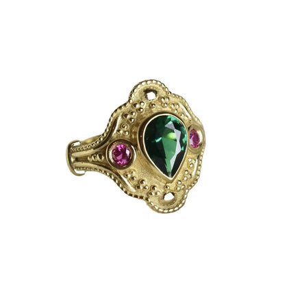 Gold-plated women's ring with geometric design and lvzuan stones on alloy band