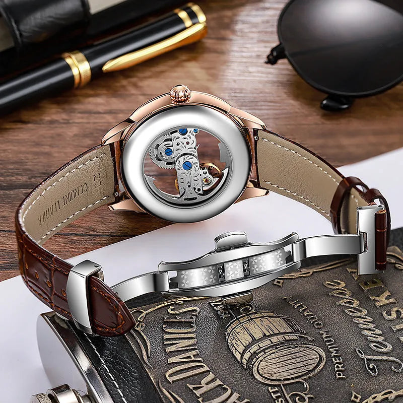 Luxury zircon men's mechanical watch with 12mm case, mineral glass, and onion head crown on wrist
