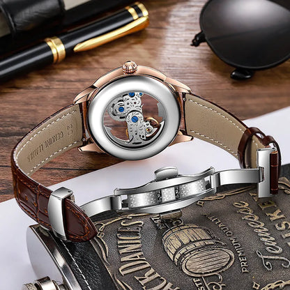 Luxury zircon men's mechanical watch with 12mm case, mineral glass, and onion head crown on wrist