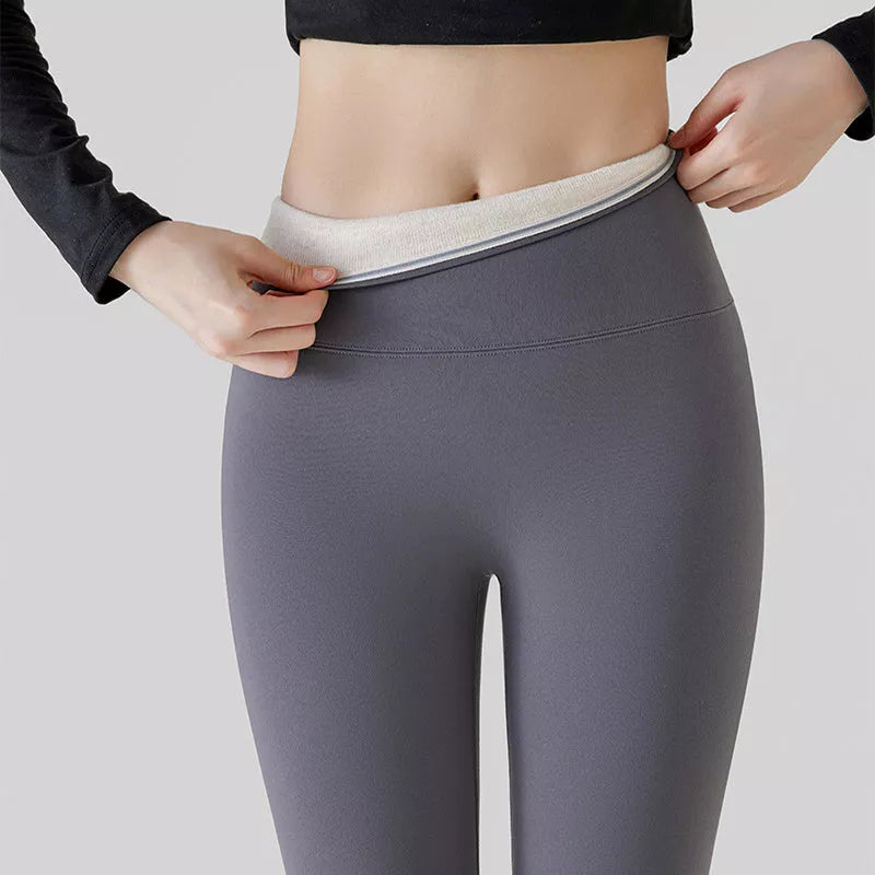 Women's high waist nylon leggings with plush interior for winter warmth in black, grey, and coffee color