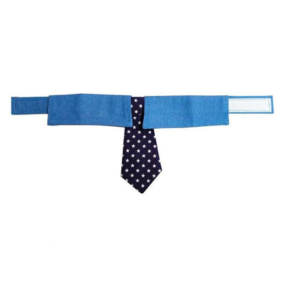 Blue denim dog collar with white star pattern, styled as an adjustable bow tie for formal pet wear.