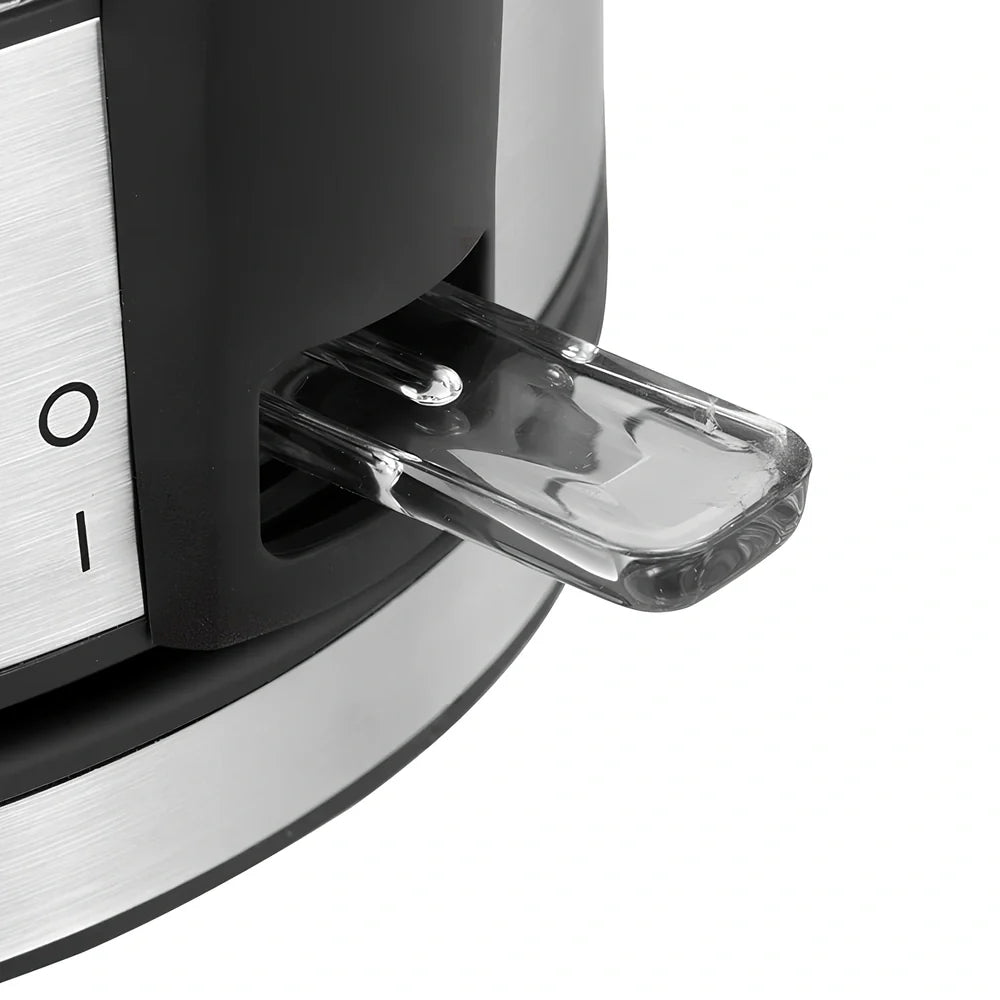 Transparent glass electric kettle showing water level scale and ergonomic handle